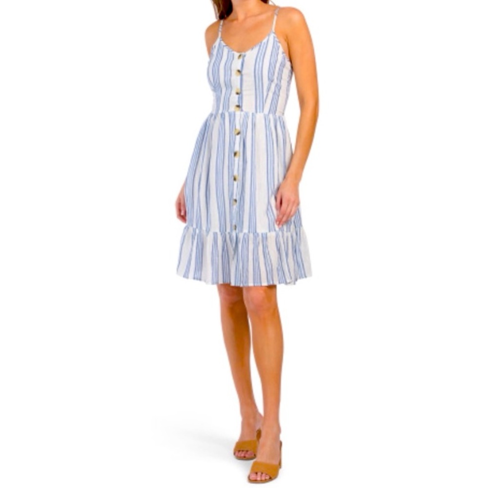 Women’s Striped Lurex Button Up Ruffle Hem Dress